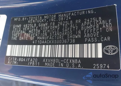 2025 Toyota Camry Le from USA, damaged, VIN 4T1DAACKXSU036738